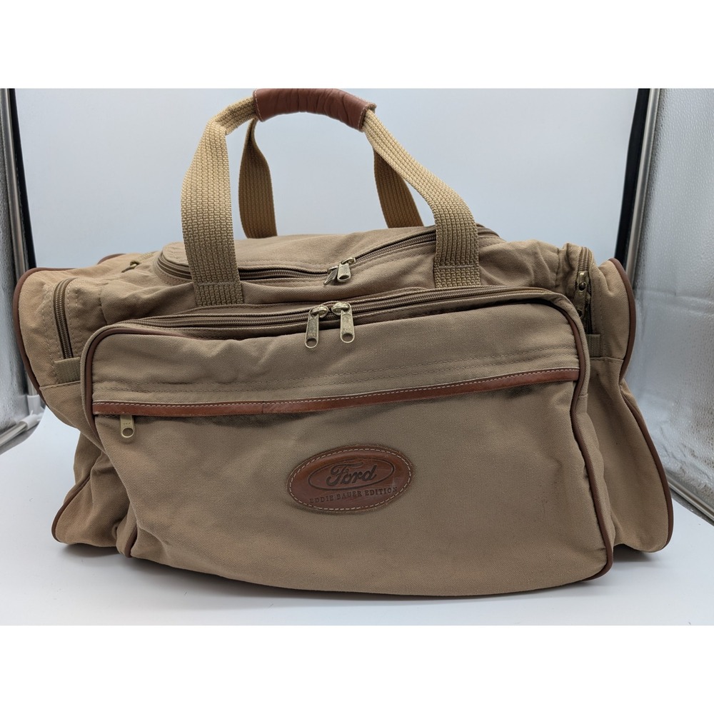 Vintage Ford Edition Eddie Bauer Duffle Bag Canvas Tan Weekender Military